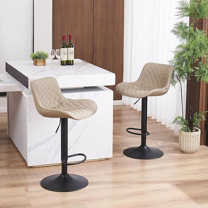 YOUTASTE Khaki Bar Stools Set of 2, Mid-Century Modern Adjustable Swivel Counter Height Chairs with Back, Faux Leather Upholstery, Black Metal Base, Ideal for Kitchen, Island, Dining Room, Restaurant