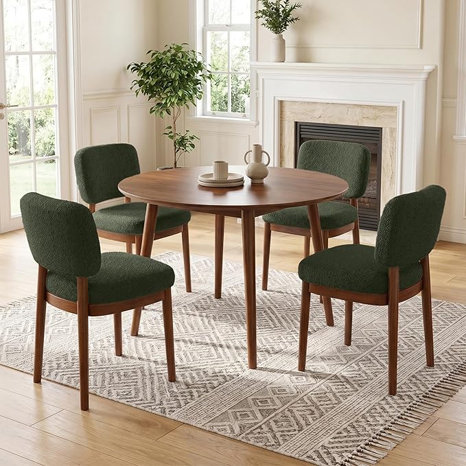 Wooden Dining Chairs Set of 4, Boucle Upholstered Kitchen Chairs with Solid Wood Legs, Mid Century Modern Dining Chairs, Farmhouse Side Chair with Hardwood Frame for Dining Room, Green
