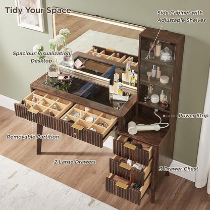 T4TREAM 48" Fluted Makeup Vanity Desk with Large 36" Mirror and Lights, Modern Glass Top Big Vanity Table w/5 Drawers & Adjustable Shelves, Dressing Table w/Charging Station for Bedroom, Dark Walnut