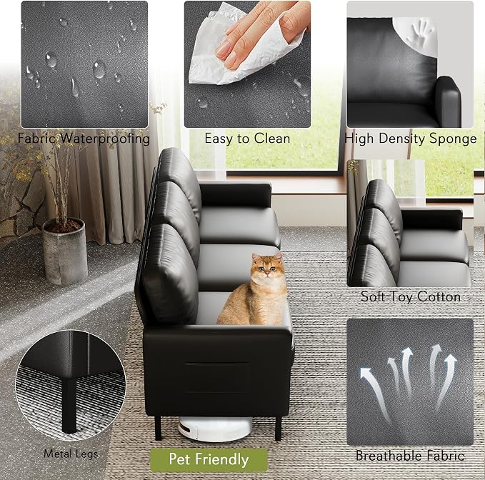 STHOUYN 72" W Faux Leather Black Sofa 3 Seat Couch, Modern Comfy Couch with 2 USB, Small Couches for Living Room Apartment Bedroom Small Spaces, Office(Black)