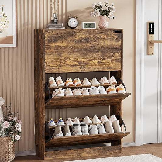 Shoe Storage Cabinet, Wood Shoe Organizer for Entryway with 3 Flip Drawers, Freestanding Shoe Rack with Adjustable Shelf, Narrow Shoe Dresser for Front Door Entrance (Brown, 3 Drawers)