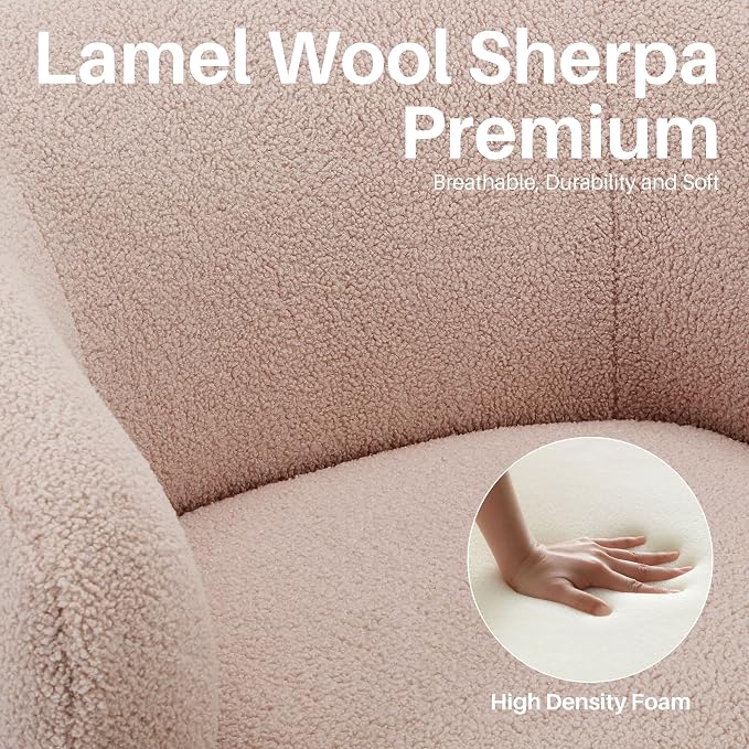 SOFTHION Swivel Accent Chair, Sherpa Teddy Barrel Chair for Living Room, Cozy Round Boucle Arm Chair, Metal Base for Club Nursery Bedroom, Light Blush Pink