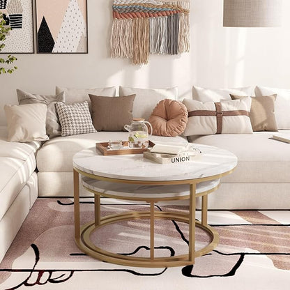 WiberWi Round Coffee Table Nesting Tables Set of 2, Large : Ø 34.0", Small : Ø 26.0", Modern Design Coffee Tables for Living Room, Gold Metal Frame Circle Cocktail Table, High Glossy Faux White Marble