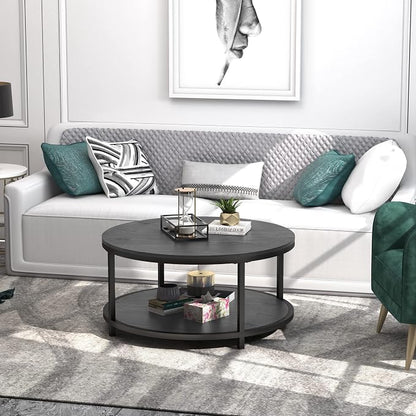 WiberWi Round Coffee Table Black 35.8" Circle Coffee Tables for Living Room Rustic Industrial Design with Sturdy Metal Frame Legs and Open Storage Shelf, Easy Assembly