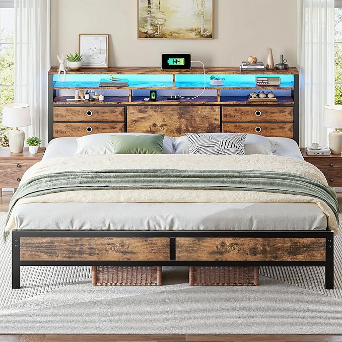 Homkdom King Bed Frame with 3-Tier Storage Headboard & 4 Fabric Drawers, Metal Platform Bed Frame with LED Light & Charging Station,Noise-Free,No Box Spring Needed,Easy Assembly,Rustic Brown