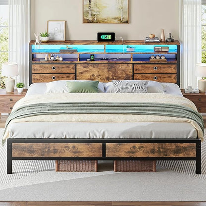 Homkdom King Bed Frame with 3-Tier Storage Headboard & 4 Fabric Drawers, Metal Platform Bed Frame with LED Light & Charging Station,Noise-Free,No Box Spring Needed,Easy Assembly,Rustic Brown