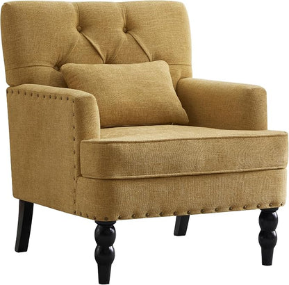 HUIMO Accent Chair for Living Room, Tufted Upholstered Club Chair with Lumbar Pillow, Vintage Reading Armchair with Solid Wood Legs for Bedroom Apartment, Mustard Yellow