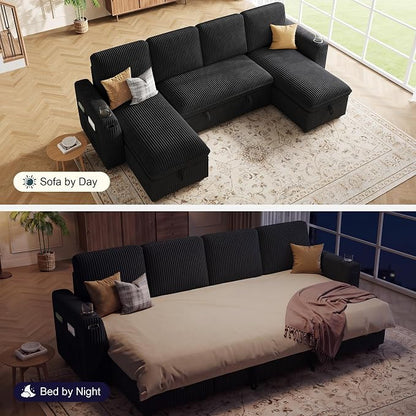 Sectional Sleeper Sofa with Pull Out Bed, Plush Corduroy Sectional Sofa with Double Storage Chaise and Adjustable Backrest, Cloud Sectional Couches for Living Room, Apartment, Black