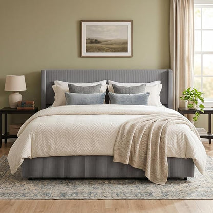 Garvee King Lift Up Storage Bed Frame, Corduroy Upholstered Platform Bed with Gas Lift, Padded Headboard, Wooden Slat Support, No Box Spring Needed, Easy Assembly, Taupe Grey