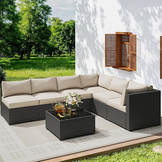 olimix 7 Piece Outdoor Patio Furniture Set, Outdoor Sectional Furniture, Rattan & Wicker Modern Modular Conversation Set Sofa Couch W/Water Resistant Washable Thick Cushions, Black/Beige