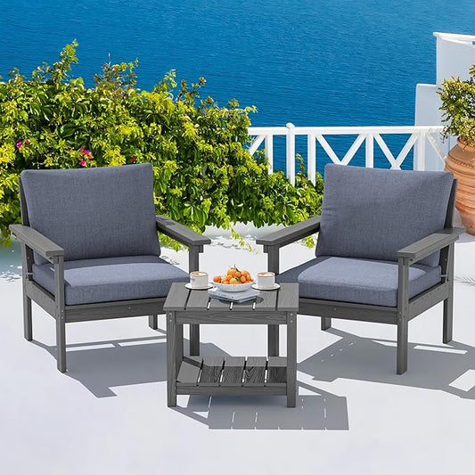 SERWALL HDPE Patio Sofa Set, 3-piece Sectional Outdoor Furniture Set, All Weather Outdoor Couch Set Patio Furniture Set for Deck, Lawn, Grey Frame with Grey Cushion