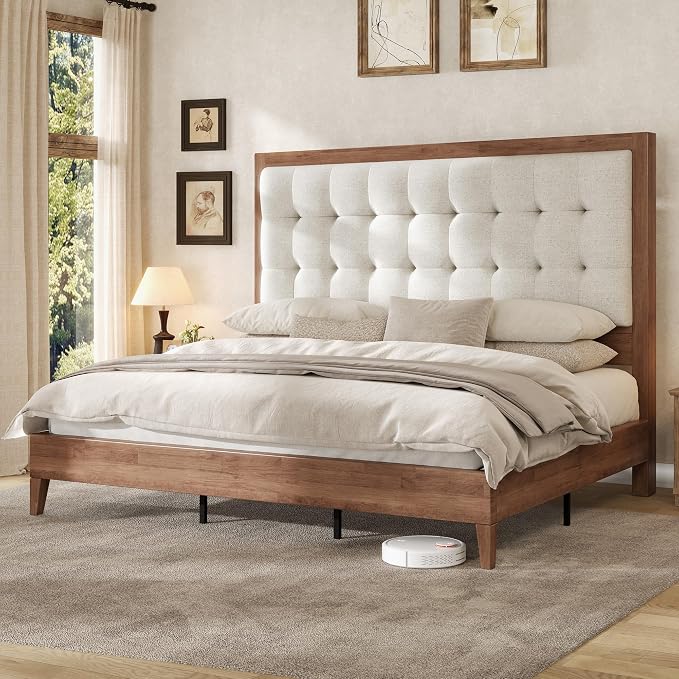 AMERLIFE King Size Bed Frame and Headboard, Solid Wooden Bed Frame King Size Platform Bed Frame Mid-Century Style, No Box Spring Required, Walnut
