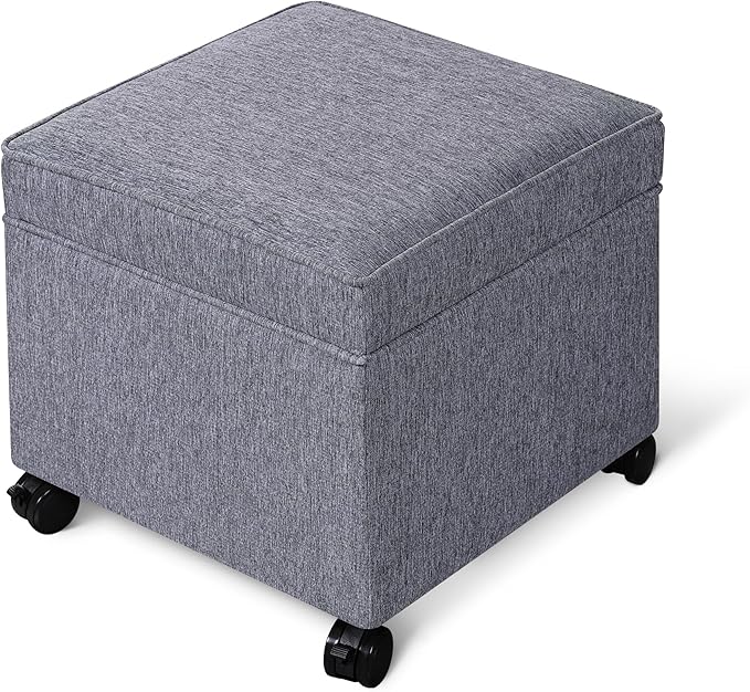 Adeco 17.5 Inch Square Storage Ottoman with Wheels, Modern Linen Upholstered Footrest Stool & Coffee Table with Flip Top Lid, Rolling Footstool for Living Room & Bedroom, Grey