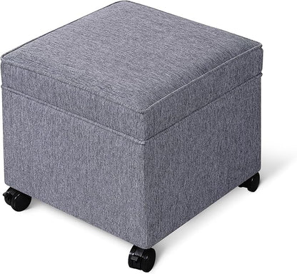 Adeco 17.5 Inch Square Storage Ottoman with Wheels, Modern Linen Upholstered Footrest Stool & Coffee Table with Flip Top Lid, Rolling Footstool for Living Room & Bedroom, Grey