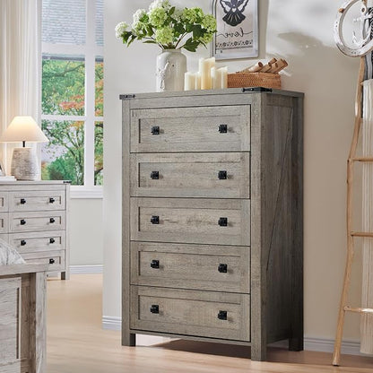 T4TREAM 48" Tall Farmhouse 5-Drawer Dresser for Bedroom, Light Rustic Oak | Rustic chests of drawers, Wood Storage Cabinet, Metal Handle, Unique Corner Accent, Bedroom, Living Room, Hallway