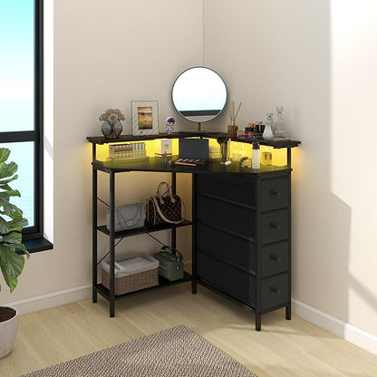 VENNQD Corner Desk with Drawers Shelves for Small Space 90 Degrees Triangle Computer Desk with Power Outlets,Gaming Desk with LED Lights Monitor Stand for Home Office Workstation Writing Table (Black)