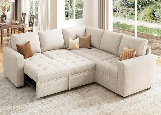 HONBAY Modular Sectional Sleeper Sofa with Pull Out Bed L Shaped Couch with Storage Seat Sectional Couches for Living Room,Beige