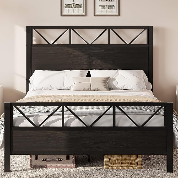 LIKIMIO Queen Bed Frame, Tall Industrial Headboard 51.2 ", Platform Bed Frame with Strong Metal Support, Solid and Stable, Noise Free, No Box Spring Needed, Easy Assembly, Black