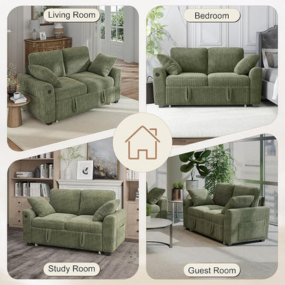 Hanherry 59" Loveseat Sofa with Pull Out Couch Bed, Corduroy 2-in-1 Convertible 2 Seater Sleeper Sofa with USB Charging,Comfy Love Seat for Small Spaces Living Room Apartment