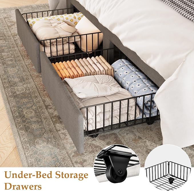 IDEALHOUSE Queen Bed Frame with Wingback Headboard, Velvet Upholstered Platform Bed with 2 Storage Drawers, Vertical Tufted Headboard Design, Wooden Slats Support, No Box Spring Needed, Grey