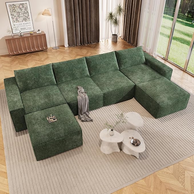 Vesgantti 145.6" Modular Boneless Couch, Modern U Shaped 6 Seater Sectional Sofa with 2 Ottoman & Deep Seat, Convertible Chenille Cloud Couches for Living Room, No Assembly Required, Green