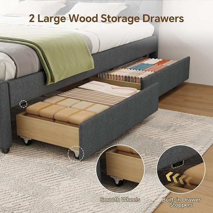 Queen Bed Frame with 2 Wood Storage Drawers & Pull‑Out Trundle Bed,Upholstered Platform Bed Frame Queen Size with Adjustable Headboard,Wooden Slats Support,No Box Spring Needed,Dark Gray