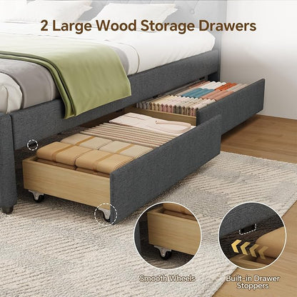 Ball & Cast Queen Bed Frame with Adjustable Headboard,Upholstered Platform Bed Frame Queen Size with 2 Wood Storage Drawers & Pull‑Out Trundle Bed,Wooden Slats Support,No Box Spring Needed,Dark Gray