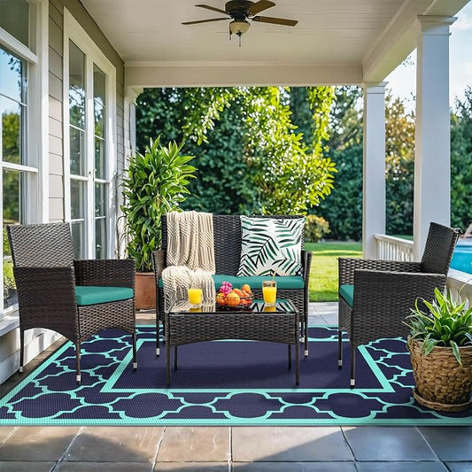 GENIMO 9 ' x 12 ' Outdoor Rug for Patio, Waterproof Indoor Outdoor Plastic Straw Rugs Carpet, Reversible Outside Area Mat for Camping, Balcony Porch, Deck, Picnic, Beach Navy Blue & Jade Green