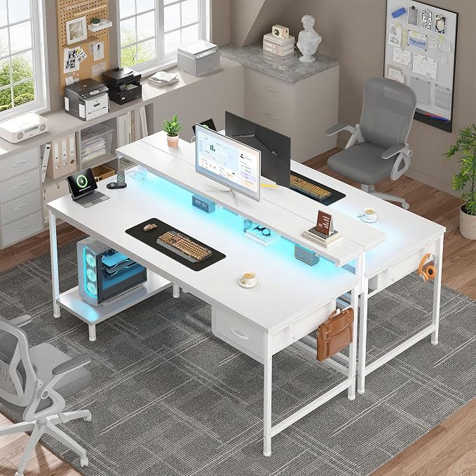 DurayLoly Computer Desk with Ergonomic Monitor Stand & CPU Stand,47.2" Gaming Desk with 1 Drawer & Power Outlet & LED Lights for Home Work, Bedroom Study and Gaming, Small Spaces,White