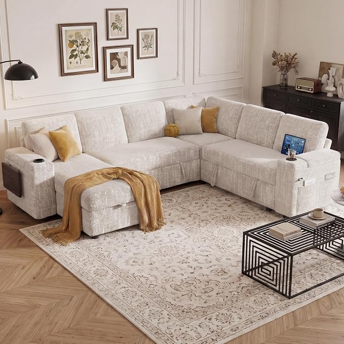 Vipbear Premium 111" Modular Sectional Sleeper Sofa, 7 Seat Sleeper Sofa with Pull Out Bed, L Shaped Couch with Storage Chaise|USB Ports|Cup Holders|Storage Armrests|Side Table, White