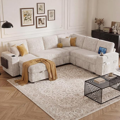 Vipbear Premium 111" Modular Sectional Sleeper Sofa, 7 Seat Sleeper Sofa with Pull Out Bed, L Shaped Couch with Storage Chaise|USB Ports|Cup Holders|Storage Armrests|Side Table, White