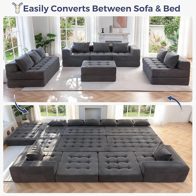 MAXYOYO Modular Sectional Sofa Couch, Foldable Oversized U Shaped Cloud Couch with Pillows, Tufted Boneless Lounger Floor Sofa Bed for Living Room, No Assembly Required, Dark Grey