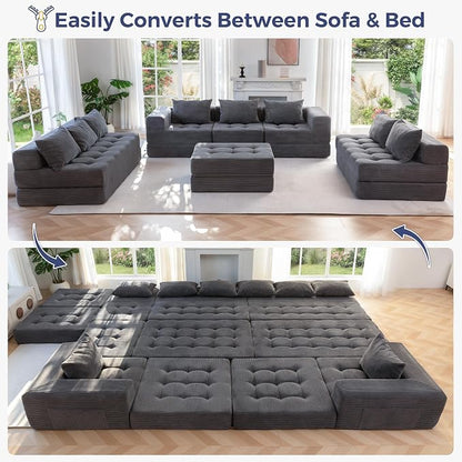 MAXYOYO Modular Sectional Sofa Couch, Foldable Oversized U Shaped Cloud Couch with Pillows, Tufted Boneless Lounger Floor Sofa Bed for Living Room, No Assembly Required, Dark Grey