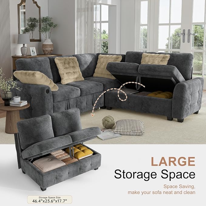 Hanherry Sectional Couch with Pull Out Sofa Bed,Chenille Sleeper Sofa with 2 Seat Storage & USB Charging,Comfy L Shaped Modular Couches for Living Room,Apartment