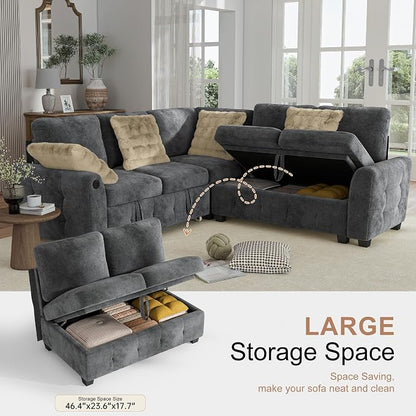 Hanherry Sectional Couch with Pull Out Sofa Bed,Chenille Sleeper Sofa with 2 Seat Storage & USB Charging,Comfy L Shaped Modular Couches for Living Room,Apartment
