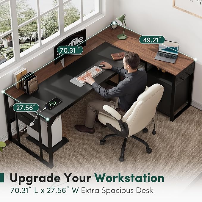 MALOL 70.3" L-Shaped Office Desk, Reversible L-Shaped Computer Desk with Power Outlet, Large Executive Desk with Locked File Drawers & Storage Shelves, Pegboard, Mobile CPU Stand, Modern Corner Desk