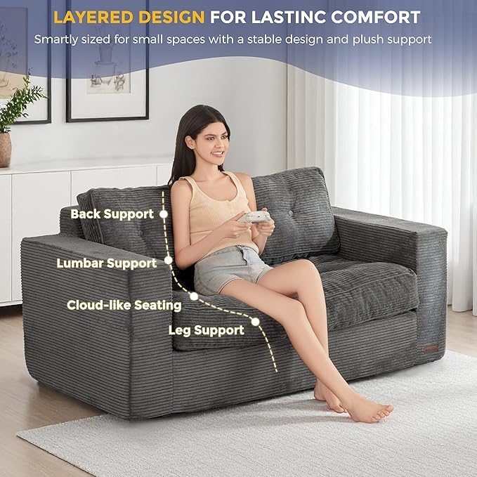 MAXYOYO Loveseat Sofa Couch, Upholstered Bean Bag Chair Cloud 2-Seat for Adults, Boneless Couch with Tufted Cushion & Pillows, Sofa in A Box, No Assembly Required, Dark Grey