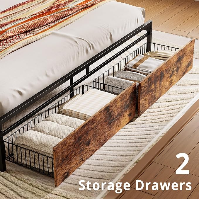 LIKIMIO California King Size Bed Frame with 2 Drawers and Charging Station | Platform Bed with Upholstered Storage Headboard, No Box Spring Needed, Easy Assembly, Sturdy, Industrial Brown and Gray
