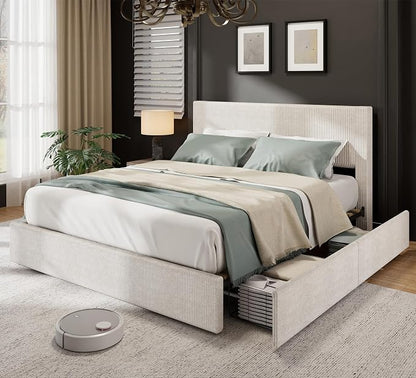 IDEALHOUSE Queen Bed Frame with 4 Storage Drawers, Corduroy Upholstered Bed Frame with Tufted Wingback Headboard, Strong Wooden Slats Support, No Box Spring Needed, Beige
