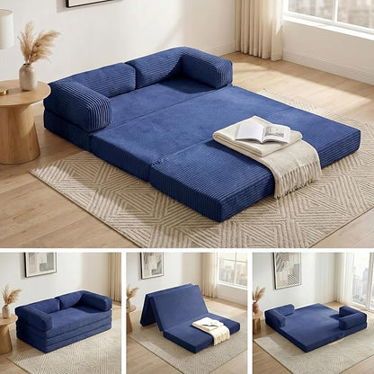 Convertible Sofa Bed Queen,5-in-1 Boneless Couch with Removable Armrests & Handle,Corduroy Futon Sleeper Sofa,Floor Folding Mattress Pull Out Bed for Small Space Apartment Living Room Bedroom,Blue