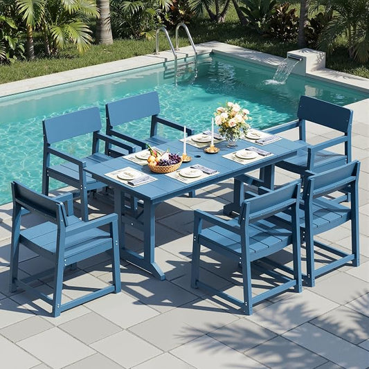 Shintenchi 7 Pieces Outdoor Dining Set,HDPE Outdoor Table and Chairs Set for 6,All Weather Patio Furniture Sets with Umbrella Hole,Modern Wooden Textured Dining Sets for Backyard,Garden,Blue