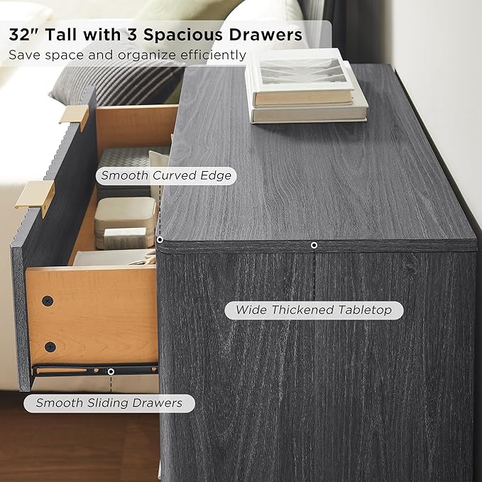 T4TREAM Fluted 3 Drawers Nightstand, Oversized Extra Large Modern Side Table, End Table Bedside for Bedroom, Living Room, Curved Profile Design, Dark Alder