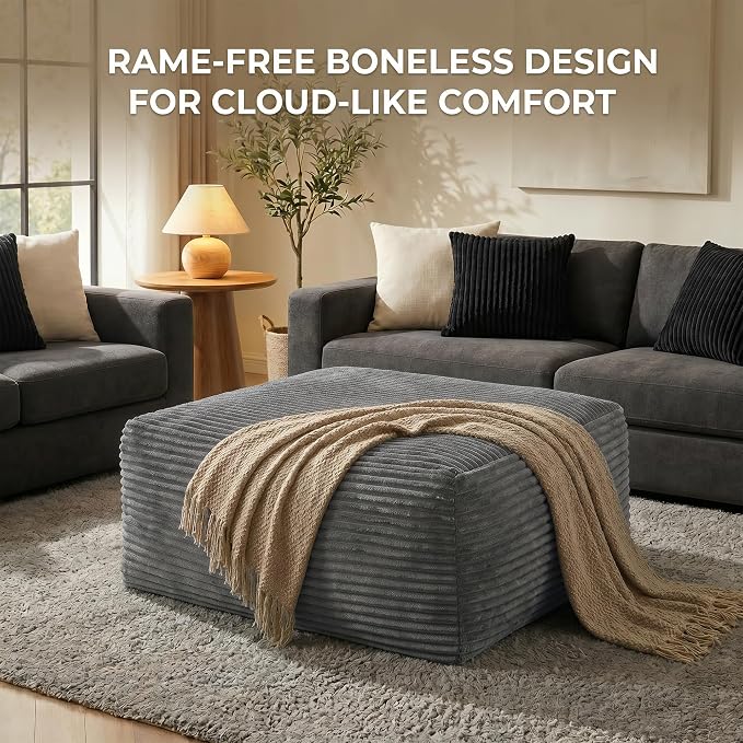 Oversized Boneless Ottoman for Living Room – Plush Square Corduroy Upholstered Couch Ottoman, Modern Low-Profile Footrest for Sectional & Modular Sofa-Black