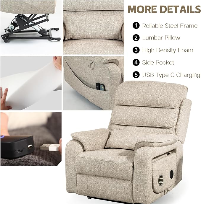 JIKFRIMA Power Lift Recliners Chairs for Elderly Adults Lay Flat Recliner with Heat & Massage, Wireless Charging Device, USB Ports, Cup Holder, Lumbar Pillow, 400Lbs（Grainy Fibric,Oatmeal）
