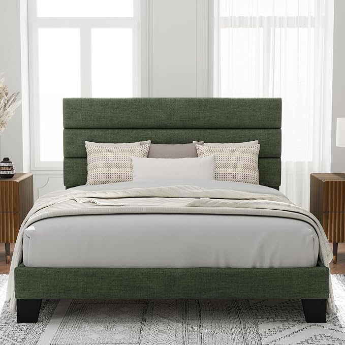 Allewie Queen Size Platform Bed Frame with Fabric Upholstered Headboard and Wooden Slats Support, Fully Upholstered Mattress Foundation/No Box Spring Needed/Easy Assembly, Green