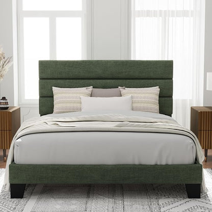 Allewie Queen Size Platform Bed Frame with Fabric Upholstered Headboard and Wooden Slats Support, Fully Upholstered Mattress Foundation/No Box Spring Needed/Easy Assembly, Green