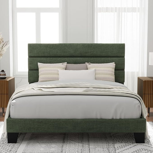 Allewie Queen Size Platform Bed Frame with Fabric Upholstered Headboard and Wooden Slats Support, Fully Upholstered Mattress Foundation/No Box Spring Needed/Easy Assembly, Green