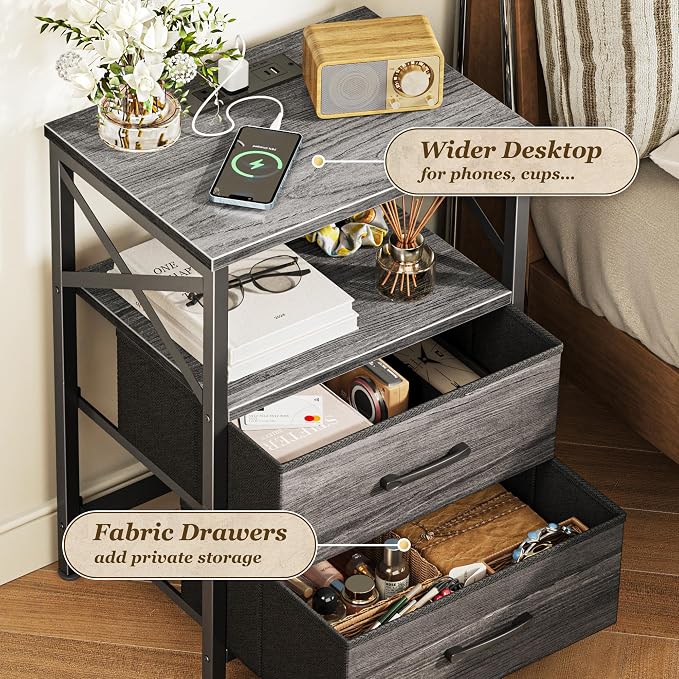 Huuger Night Stand with Charger Station, 2 Drawer Nightstand with Open Shelf, Bed Side Table with USB-C Port, End Table, Compact Size for Small Spaces, X Shaped Side Rail, Grey