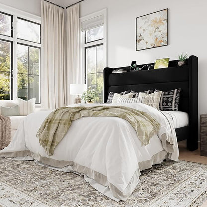 Allewie Full Size Upholstered Bed Frame with Charging Station & Storage Headboard, Soft Velvet Wingback Platform Bed, Strong Wooden Slats Support, No Box Spring Needed, Easy Assembly, Black
