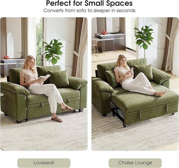 WorthFurni 61” Pull Out Couch, 2 in 1 Sleeper Sofa Bed with Throw Pillow, Convertible Small Loveseat Sleeper Couch for Living Room, Bedroom, Apartment (Green)